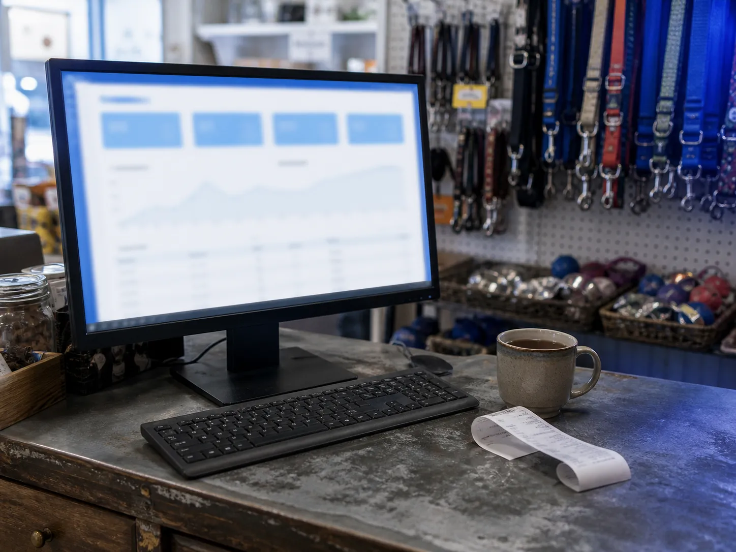 A desktop monitor on the counter showing the panel.