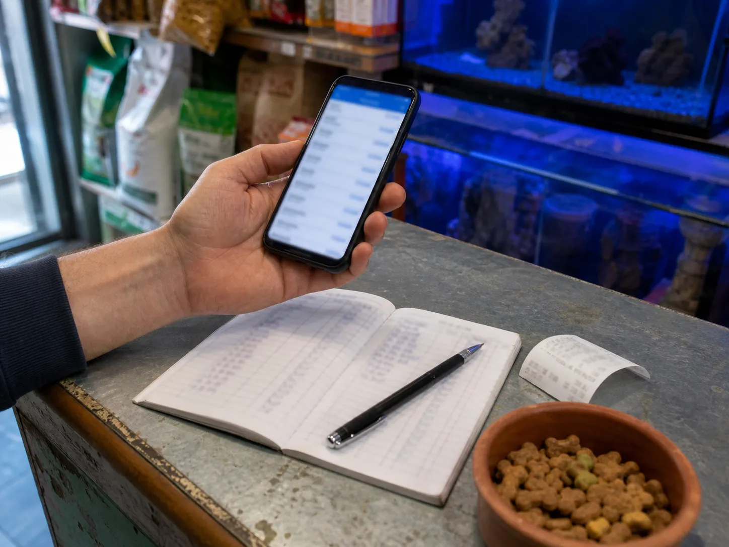 A phone held beside an open paper credit notebook.