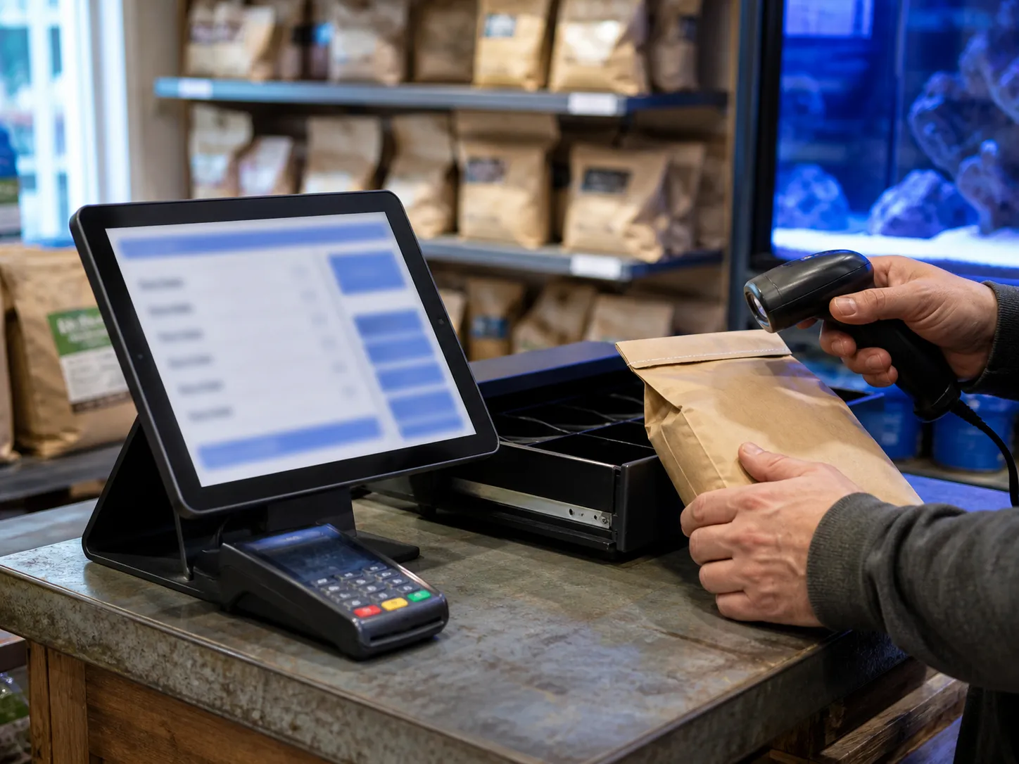 A tablet on a stand while a kraft paper bag is scanned.